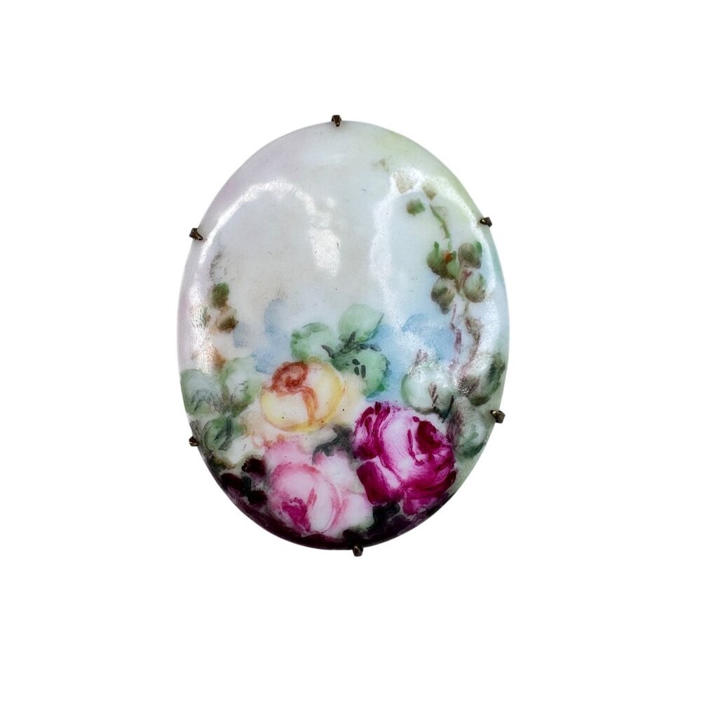 Victorian Porcelain Hand Painted Roses Brooch Brass Oval Floral Antique